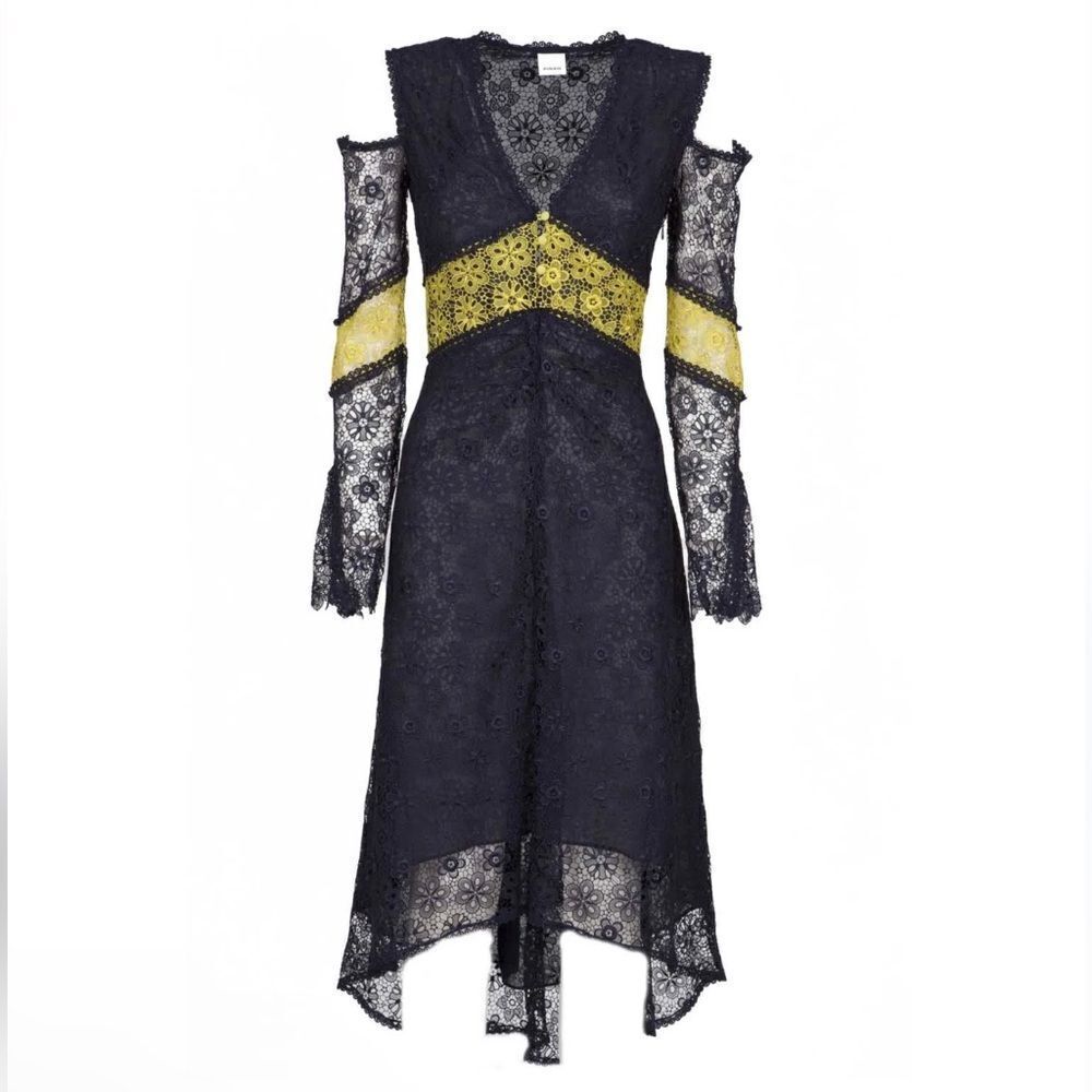 NWT Pinko crochet lace midi dress navy yellow cut out designer $585 M